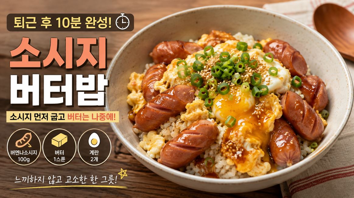 버터로 코팅한 비엔나소시지와 계란을 밥 위에 올린 소시지버터밥