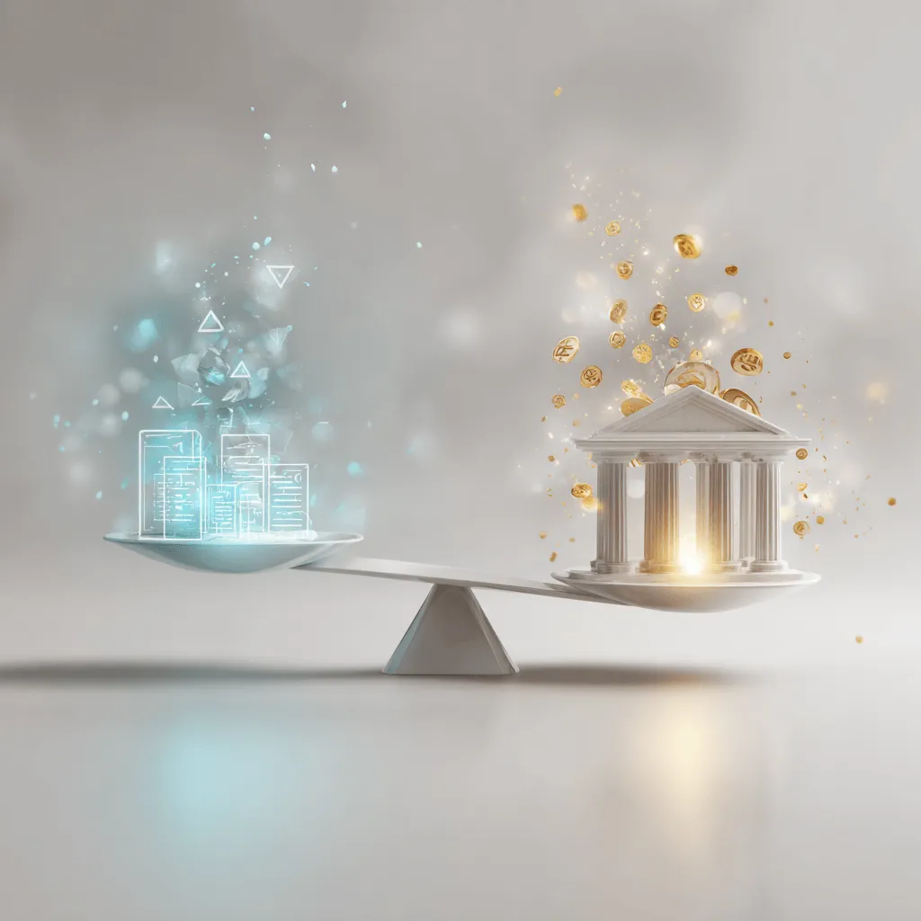 원화 스테이블 코인: 스테이블 코인의 안정적인 정착을 위해서 정부와 중앙은행의 균형적 영향을 천칭으로 상징적으로 나타낸 이미지