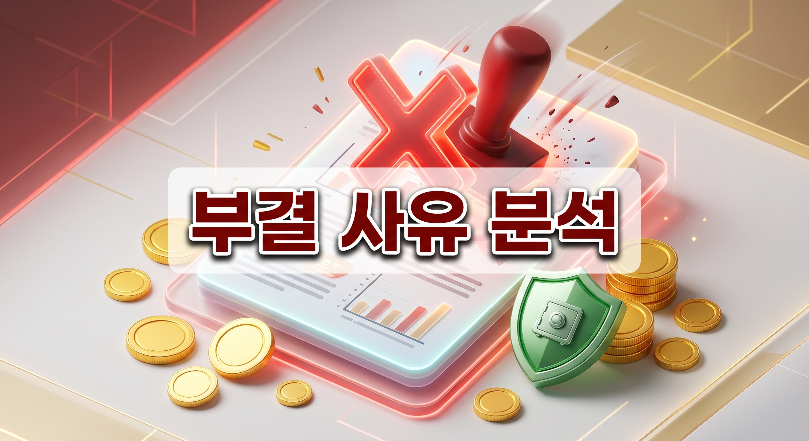 빛나는 금화와 안전한 금융 대안을 상징하는 초록색 방패로 둘러싸인 디지털 문서 위에 커다란 붉은색 X 표시가 강하게 찍히는 3D 일러스트 배경에, 짙은 그림자와 외곽선으로 선명하게 강조된 '부결 사유 분석'이라는 한글 문구가 중앙에 적힌 이미지