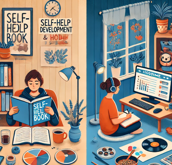 여성이 책을 보며 공부하는 사진과 영상을 편집하며 취미 활동하는 사진