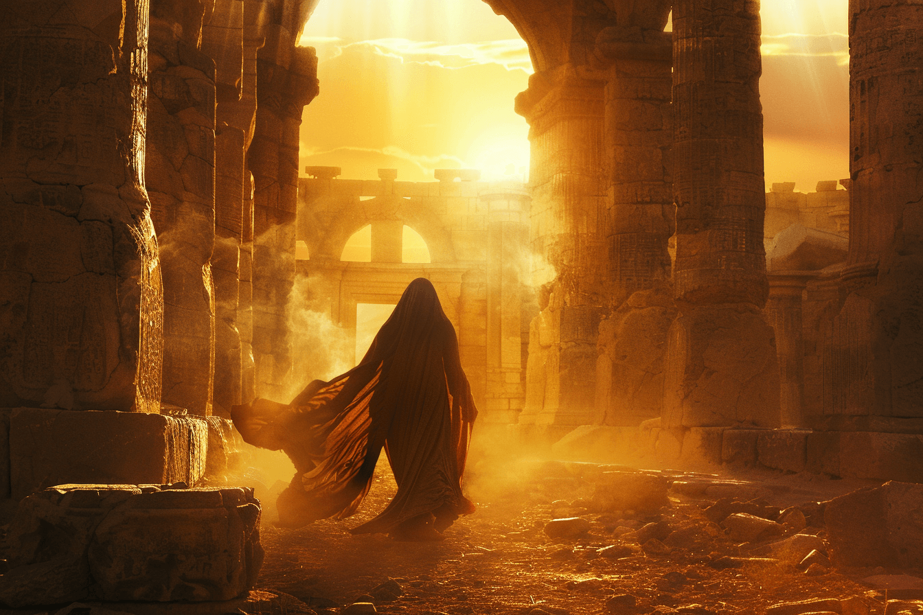 밝은-태양이-비추는-허물어진-신전-사이를-걸어가고-있는-망토를-두른-전사-이미지