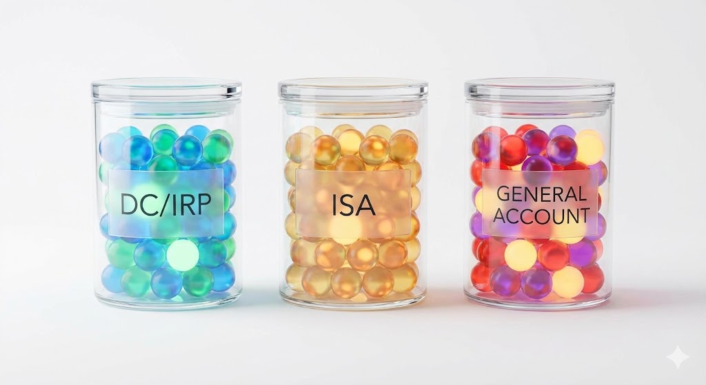 DC/IRP, ISA, 일반계좌라는 세 개의 바구니에 각각 다른 ETF가 담겨 있는 깔끔한 3D 인포그래픽