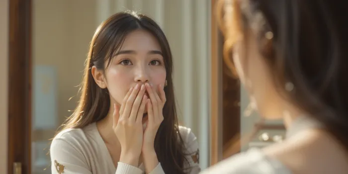 아침 햇살 아래 거울을 보며 가글하는 모습