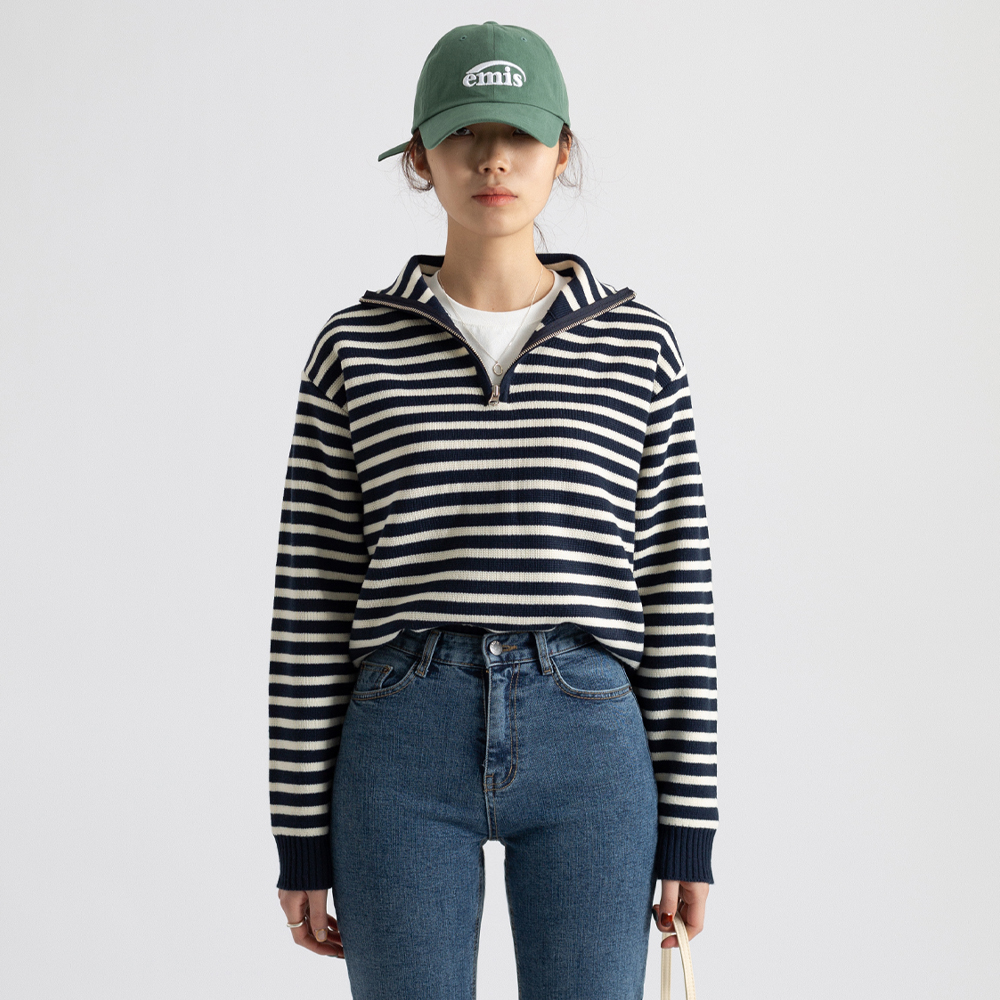 (4-6일 소요) 에더 루즈핏 터틀넥 스트라이프 니트집업