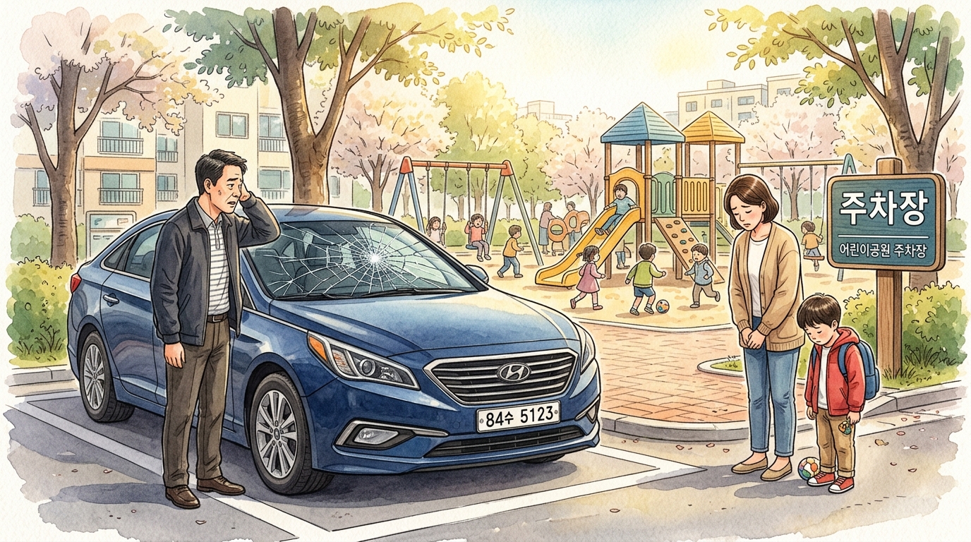 어린이공원 주차장에서 아이가 놀다가 실수로 중년 남성이 자동차 앞 유리를 파손하여 아이와 아이의 엄마가 사과하고 있는 장면.