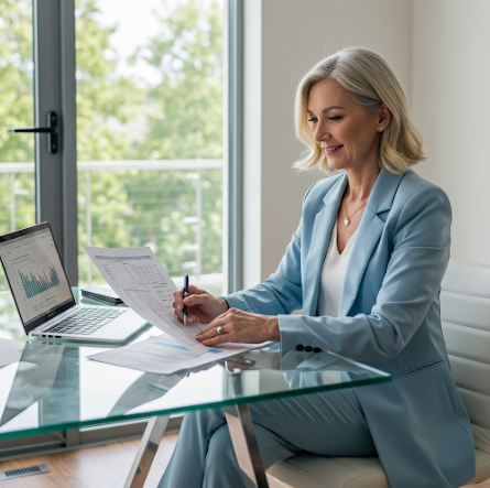 컴퓨터가 있는 책상에서 포트폴리오를 작성하고 있는 세련된 중년여성