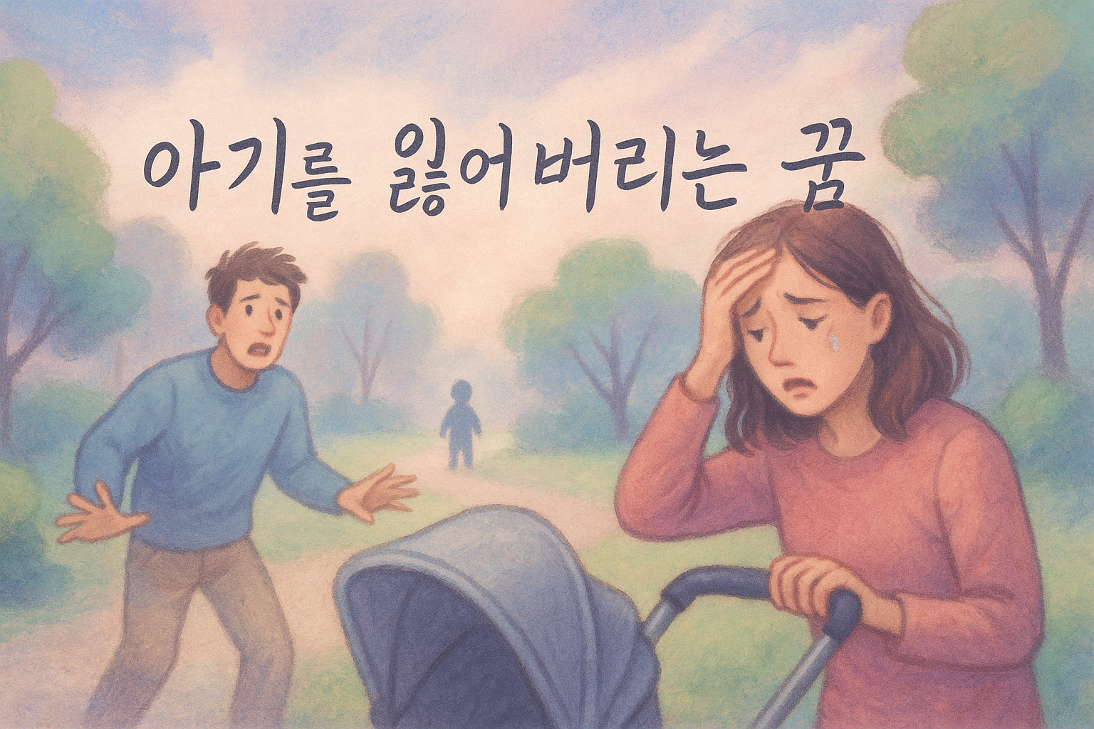 몽환적인 파스텔톤 공원 배경에서 젊은 부모가 당황하며 아기를 찾아 헤매고 있고, 멀리 희미한 아이의 실루엣이 보이는 장면.