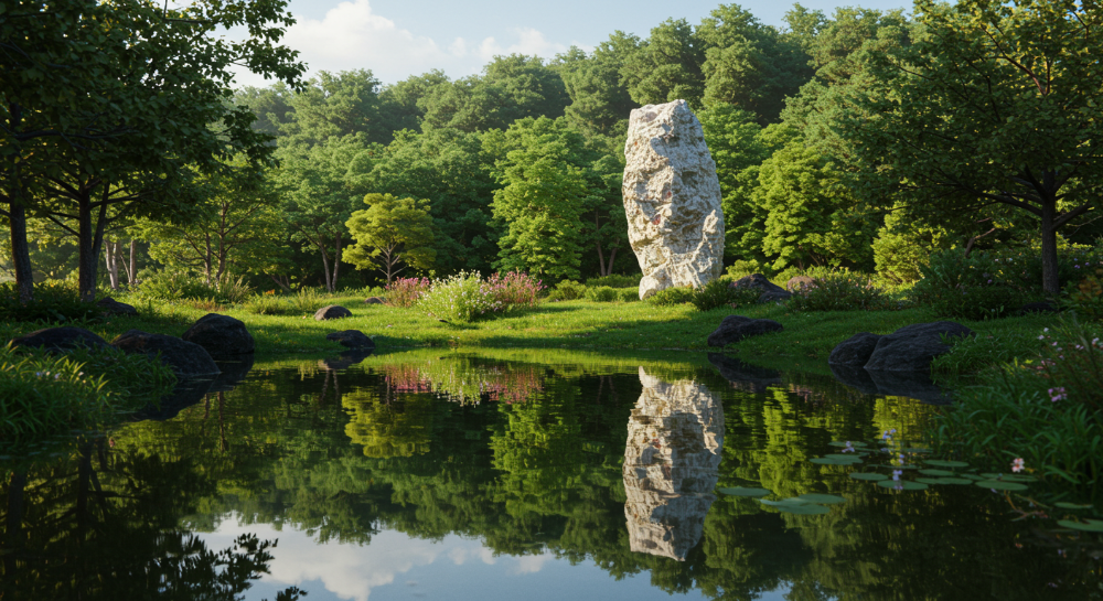 제주 비오토피아 야외 갤러리의 호수와 설치미술 작품