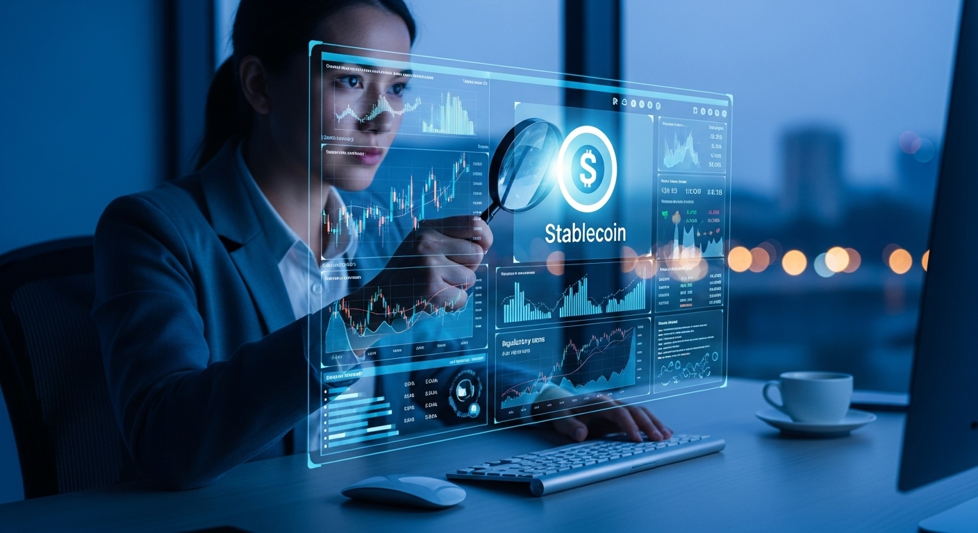 규제 변화에 대비하여 스테이블코인 투자 정보를 신중하게 분석하고 있는 투자자의 모습.