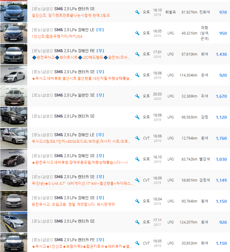 SM6 2.0 LPe 등급 중고차 시세 : 520만원 ~ 2,050만원