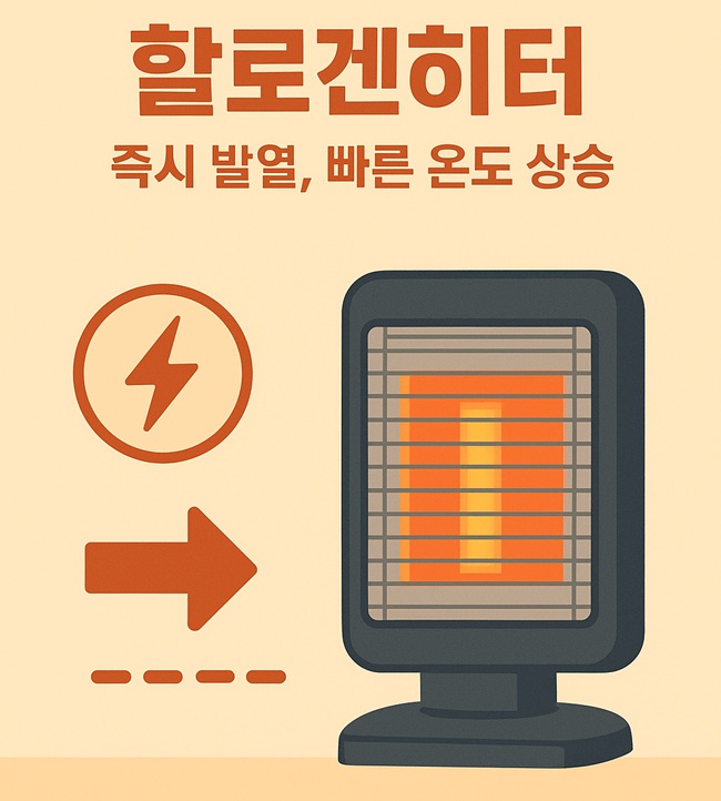 할로겐히터 즉시 발열로 빠르게 온도를 높이는 전기난방기. 밝은 빛과 함께 빠른 난방 효과를 주는 히터
