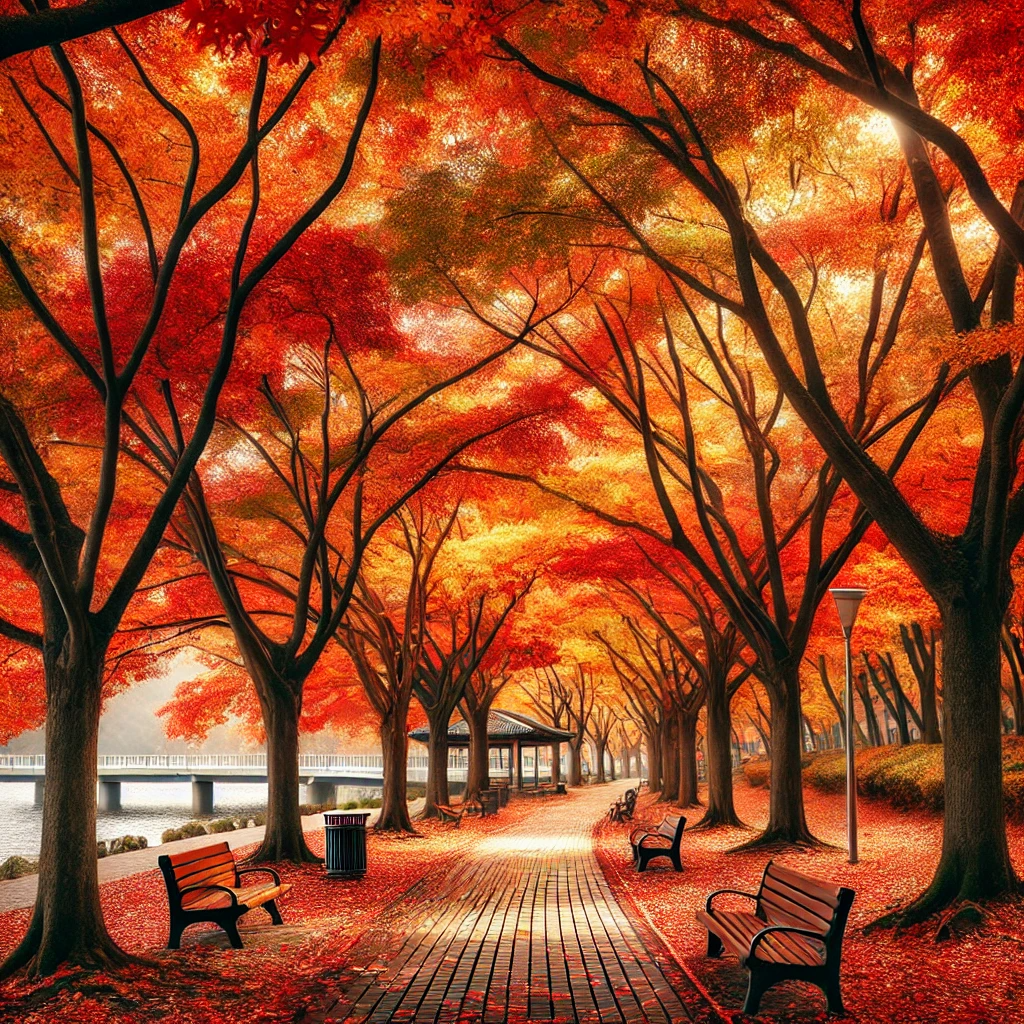 가을 단풍으로 가득 찬 청라호수공원의 산책로, 나무 아래 벤치와 낙엽이 깔린 평화로운 풍경