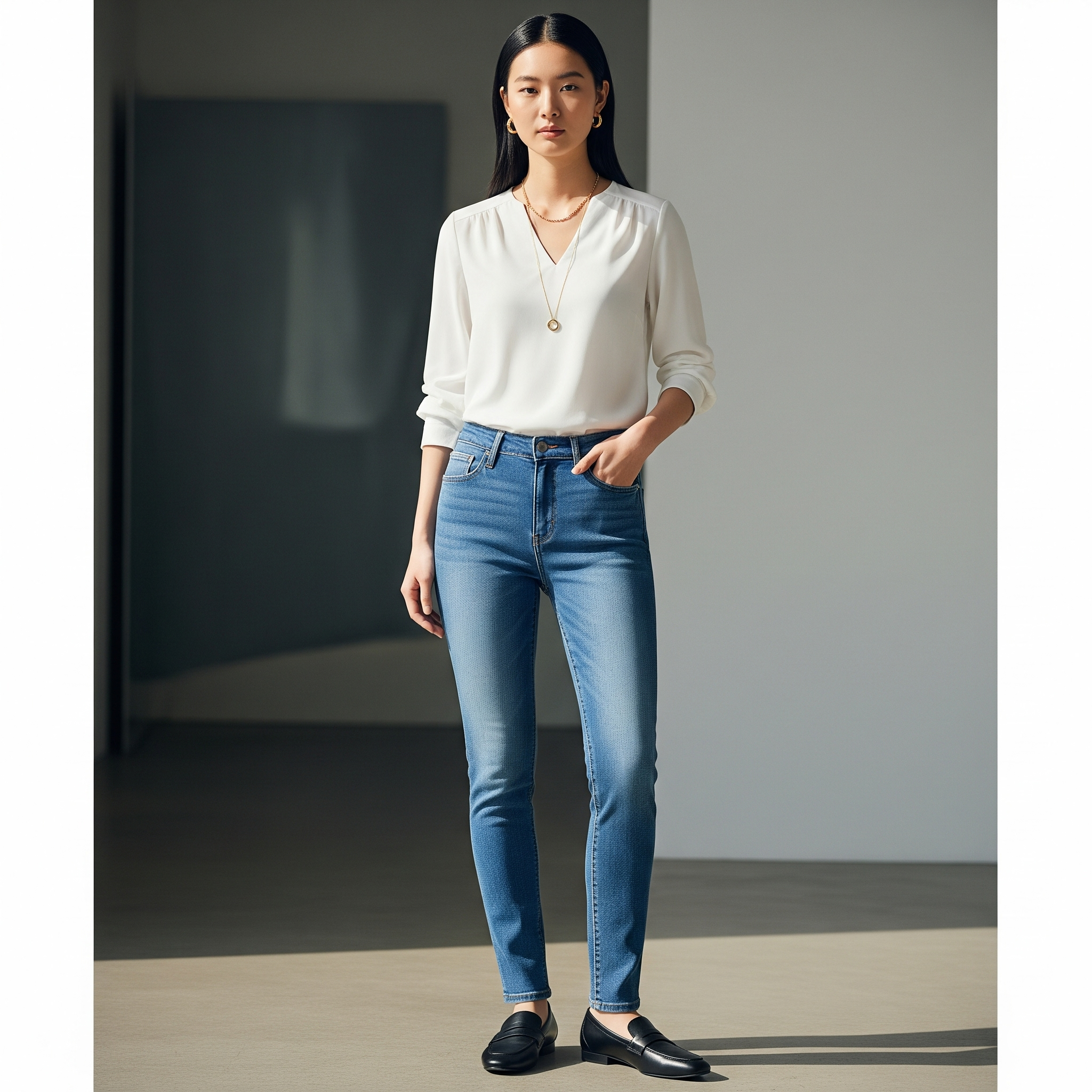 "유니클로 커브진과 흰색 블라우스를 매치한 세미 오피스룩. 단정하면서도 편안한 느낌을 주며, 검은색 로퍼와 골드 액세서리로 포인트를 주었습니다.