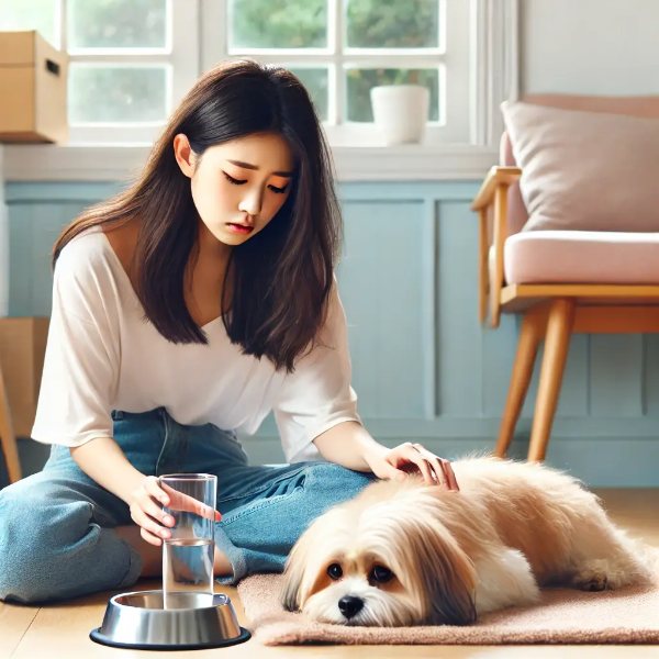 물을 마시지 않고 축 처진 반려견 옆에서 등을 쓰다듬으며 걱정하는 동양인 젊은 여성