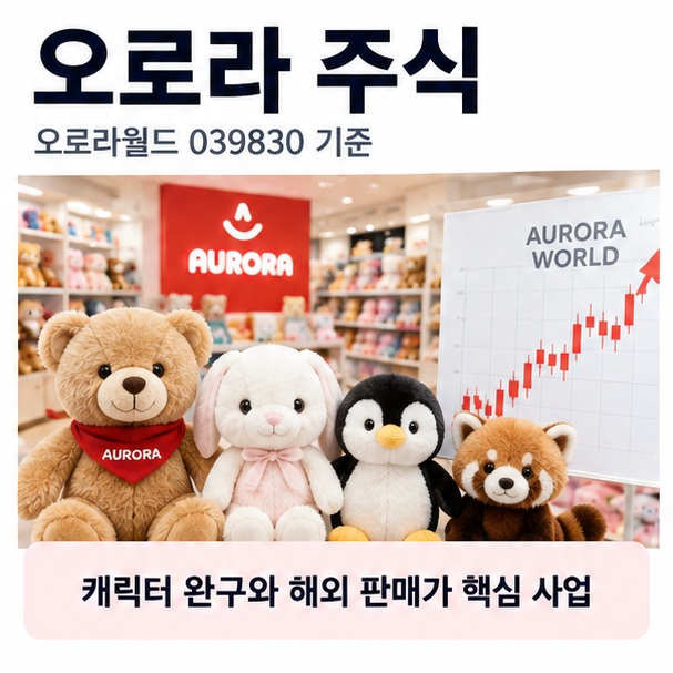 오로라 주식이라는 제목과 캐릭터 완구 기업 오로라월드, 종목코드 039830, 코스닥 차트를 함께 표현한 대표 이미지