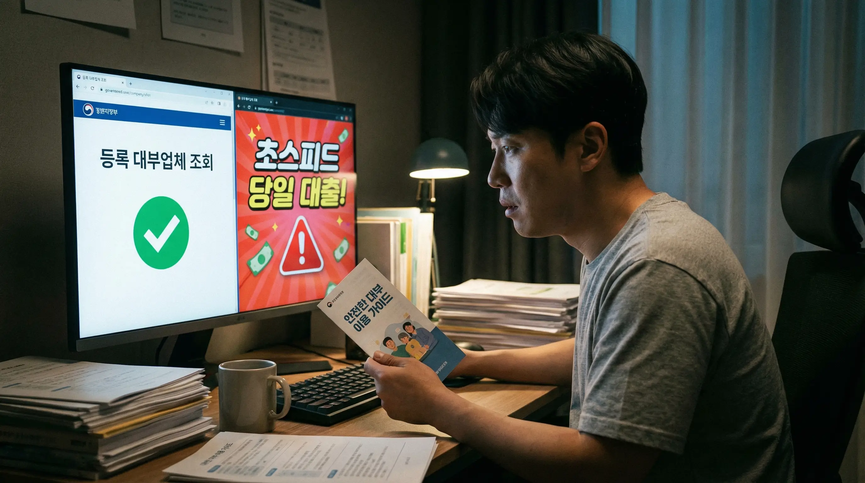 개인 대부 업체 이용 전 안전한 정식 등록 업체를 선별하고 불법 사채의 위험성을 인지하는 사용자의 모습