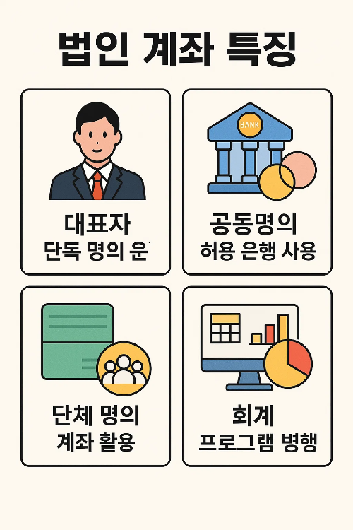 기업은행 모임통장 공동명의 대안을 안내하는 인포그래픽으로, 대표자 단독 명의 운영, 공동명의 허용 은행 사용, 단체 명의 계좌 활용, 회계 프로그램 병행 등 법인 계좌 특징을 상세히 보여줍니다.