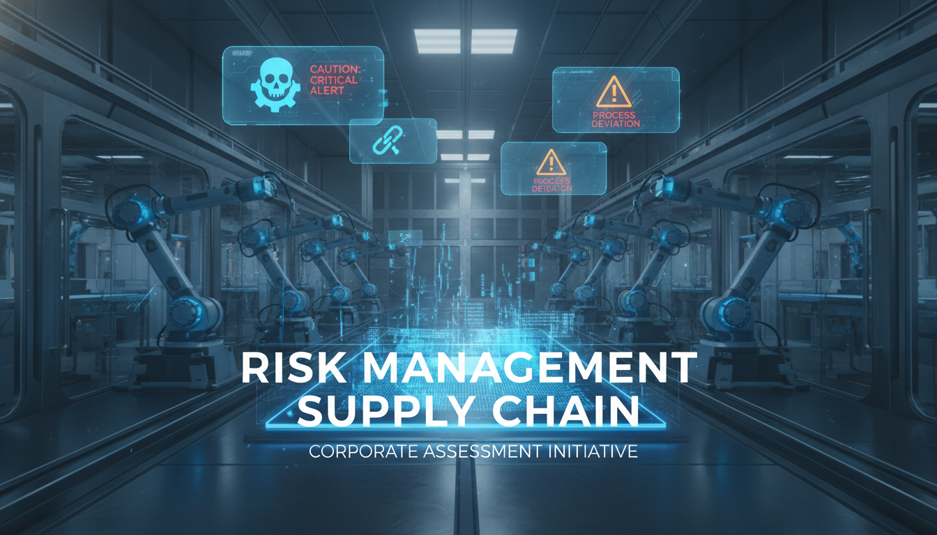 반도체 공급망 리스크 관리와 자동화 생산 라인 영향을 의미하는 기술 그래픽
