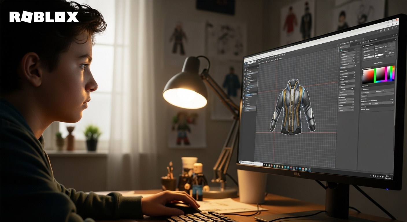 로블록스 스튜디오에서 UGC 아이템을 디자인하고 있는 10대 소년의 옆모습
