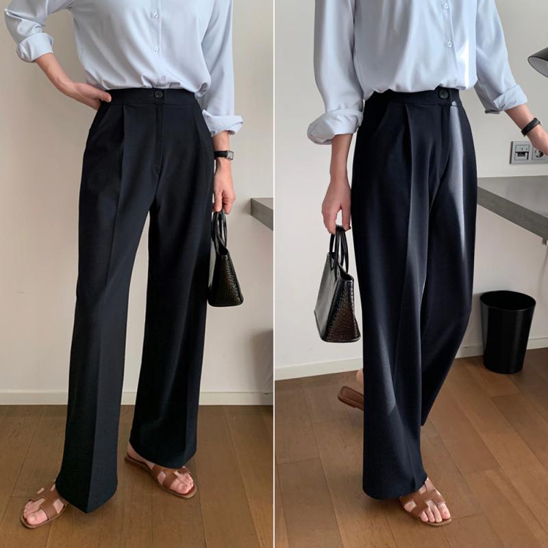 하이웨스트 밴딩슬랙스 핀턱 세미 밴딩 와이드팬츠 여자 슬랙스 통바지 봄 정장바지 블랙 베이지