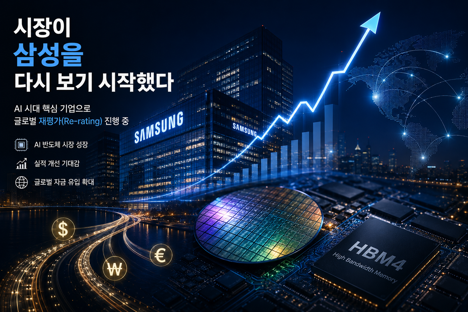 Samsung being re-evaluated as a key player in the global AI supply chain, featuring HBM4 technology, rising market valuation, semiconductor innovation, and growing AI investment trends.