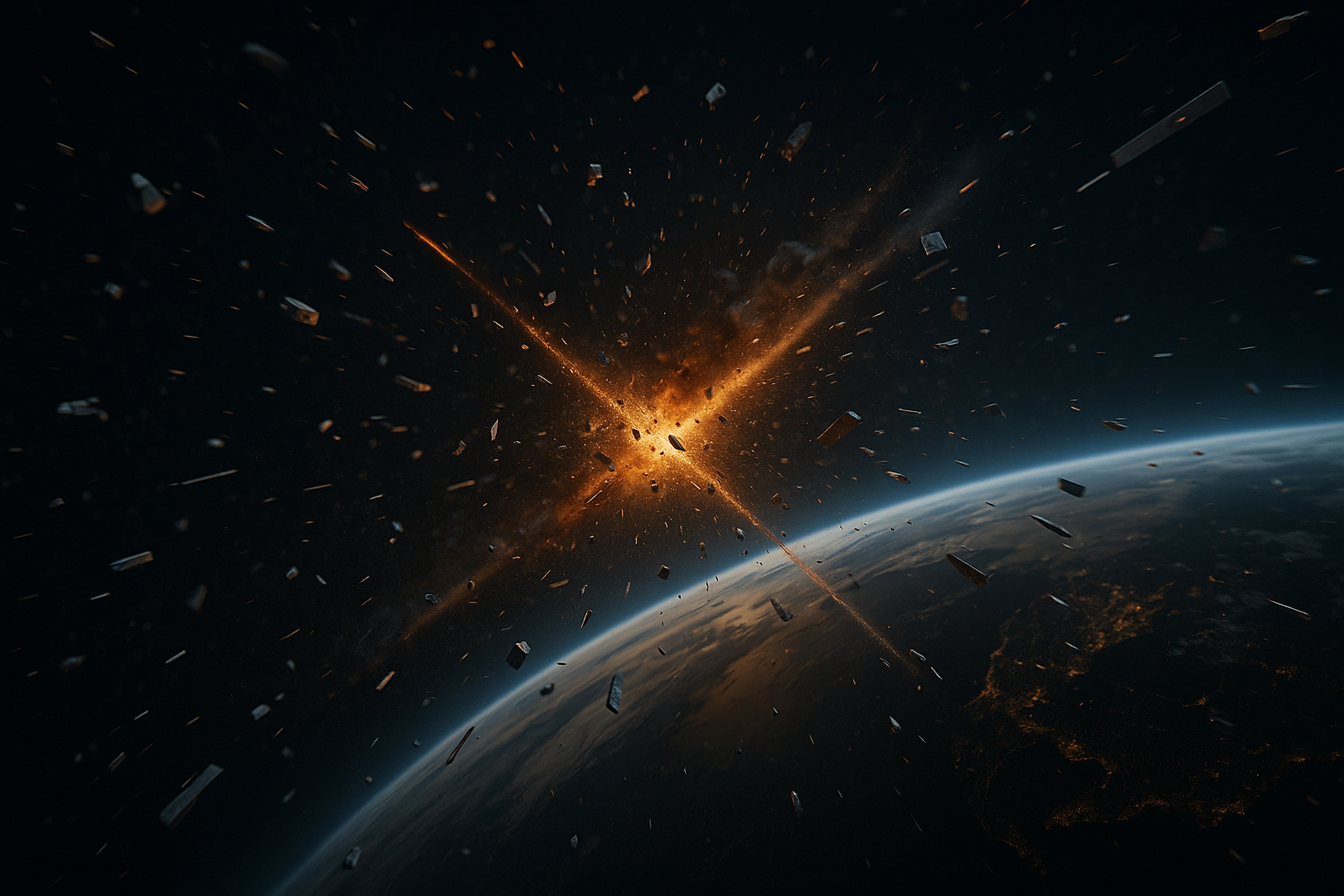 우주쓰레기의 연쇄 충돌 현상인 케슬러 신드롬을 표현