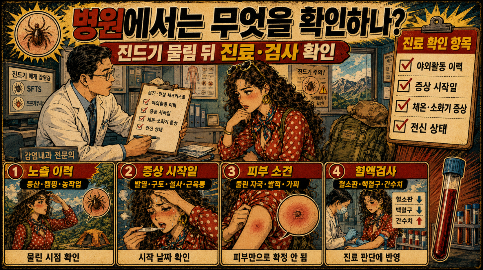 5. 진드기 물림 뒤 병원에서 야외활동 이력, 증상 시작일, 피부 소견, 혈액검사 항목을 확인하는 과정을 표현한 옛날 만화 스타일 의료 상담 이미지