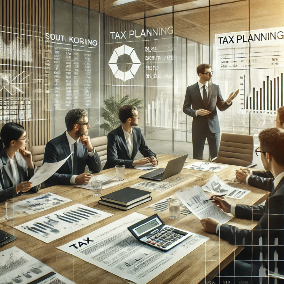 첨단 회의실에서 세금 계획을 논의하는 임원진