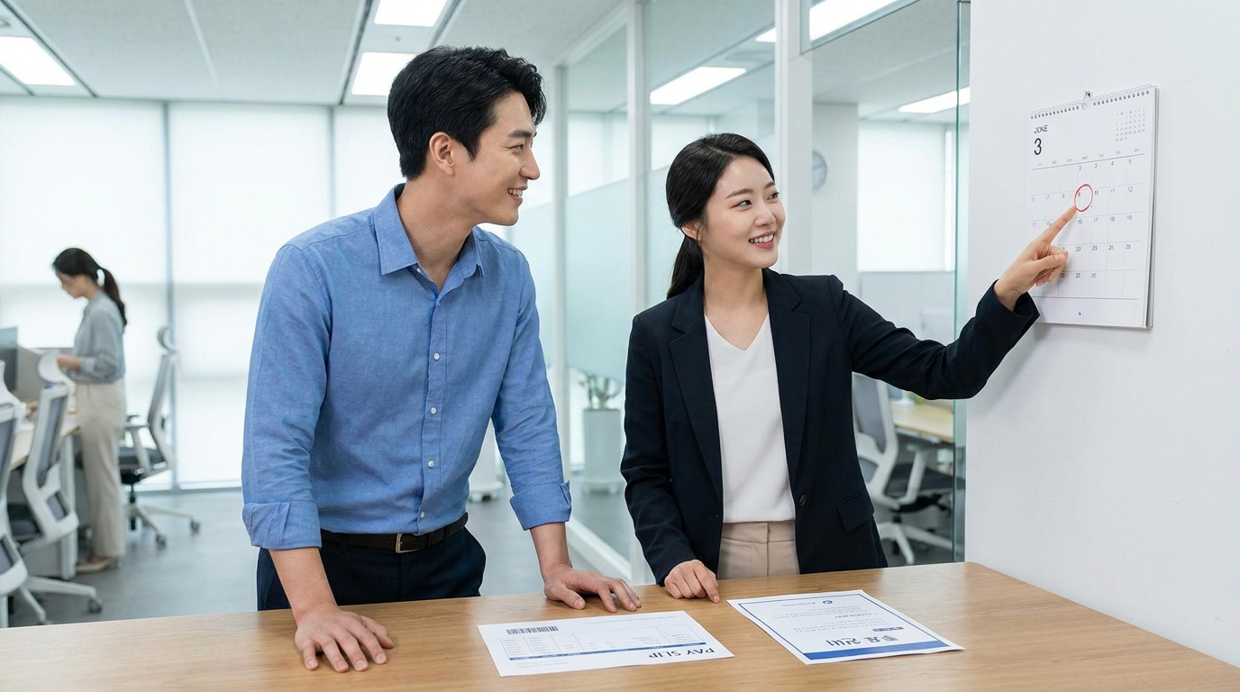 지방선거 공휴일 유급휴일 수당을 확인하는 한국인 직장인들의 모습