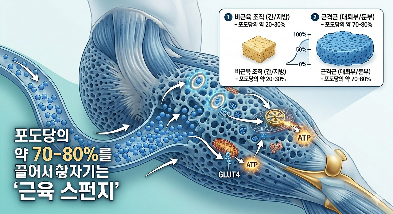 포도당의 70-80%를 끌어가는 '근육 스펀지' 를 표시한 인포그래픽