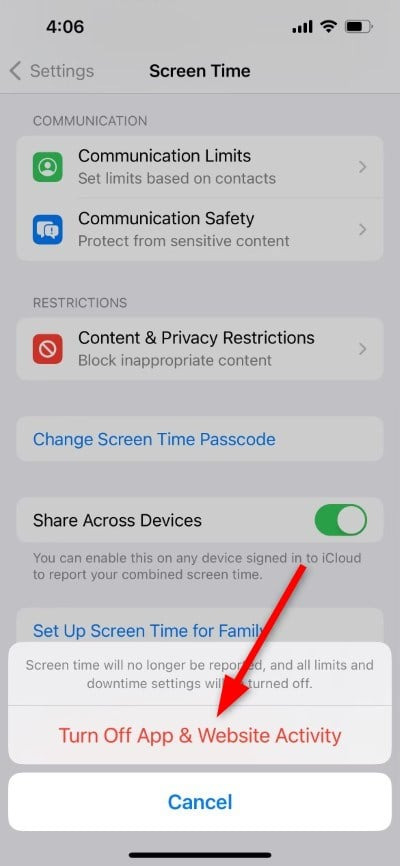 아이폰 앱 및 웹사이트 활동 끄기 메뉴