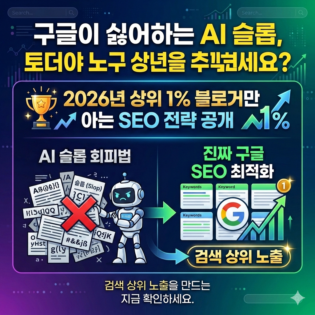 구글이 싫어하는 AI 슬롭, 아직도 모르고 글 쓰고 있나요? 2026년 상위 1% 블로거만 아는 SEO 전략 공개. 검색 상위 노출을 만드는 AI 슬롭 회피법과 진짜 구글 SEO 최적화 방법을 지금 확인하세요.
