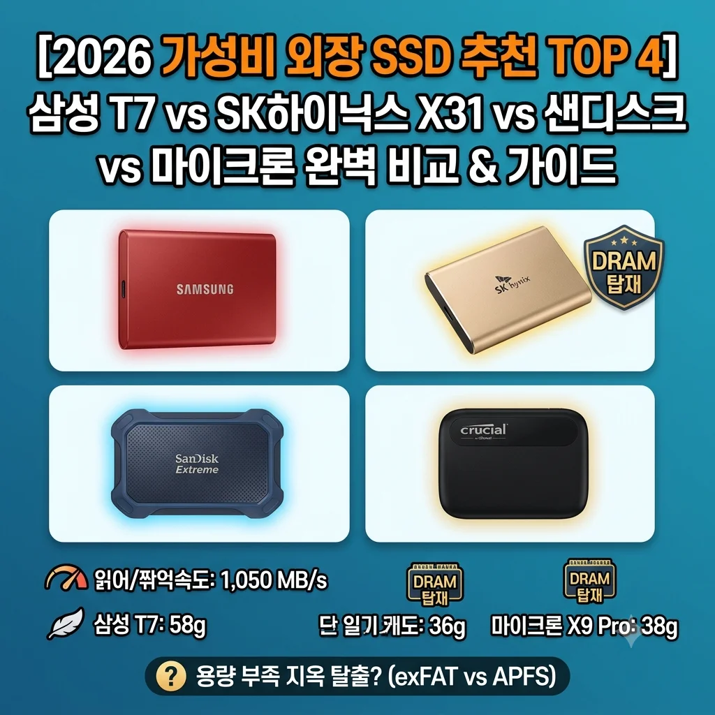 2026 가성비 외장 SSD 추천 TOP 4 삼성 T7 SK하이닉스 비틀 X31 샌디스크 E61 마이크론 X9 Pro 비교 맥북 아이폰 외장하드 가이드