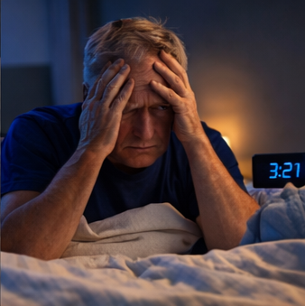 만성질환, 수면위생 문제, 불안한 생활 습관으로 밤에 잠을 이루지 못해 힘들어하는 시니어
이미지 출처: Gemini AI 생성