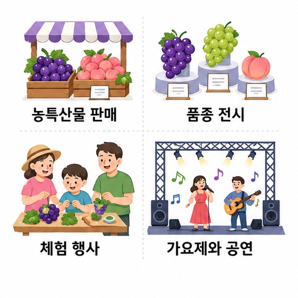 농특산물 판매, 포도와 복숭아 품종 전시, 가족 체험, 가요제와 공연 등 축제의 주요 즐길 거리를 정리한 그림