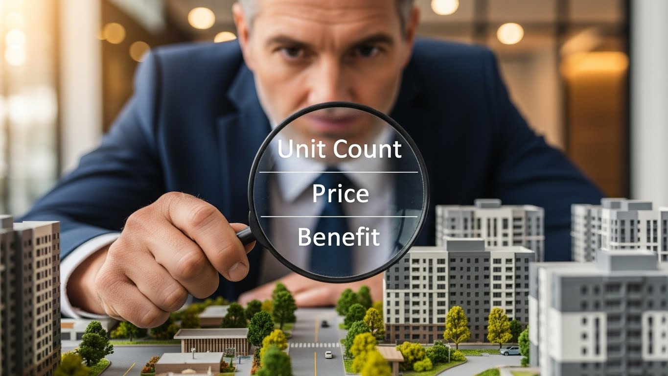 투자자가 돋보기로 '세대수', '분양가', '혜택'이라는 세 가지 조건을 꼼꼼히 살피며 옥석을 가려내는 모습