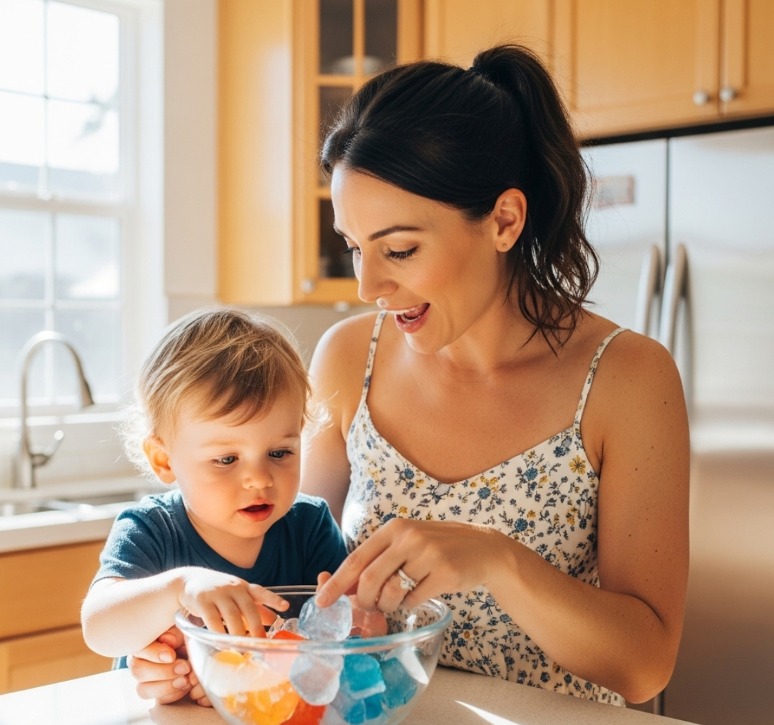 엄마랑 아이랑 얼음을 만지고 노는 사진
