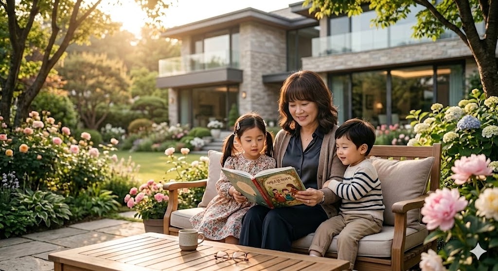 손주들과 함께 정원에서 여유로운 오후를 보내며, 대물림될 시스템 자산의 평온함을 만끽하는 다이아몬드 리더.