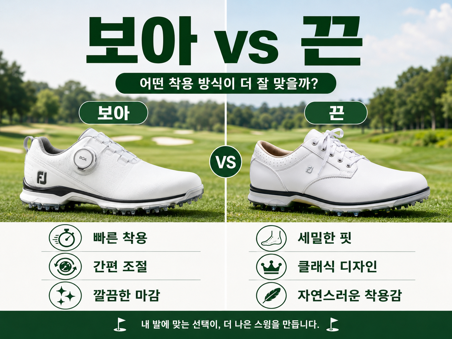 보아 골프화와 끈 골프화 착용 방식 비교