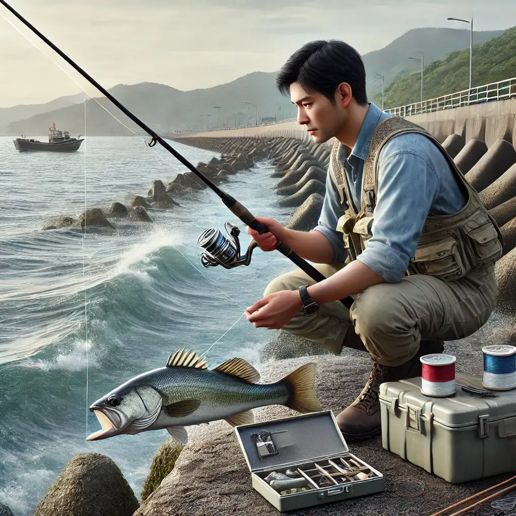 방파제에서 농어 생미끼 낚시 채비를 하고 있는 모습.