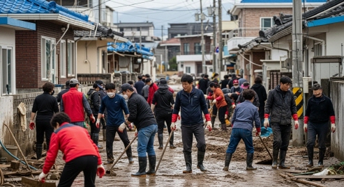 침수 후 복구 작업에 나서는 주민들