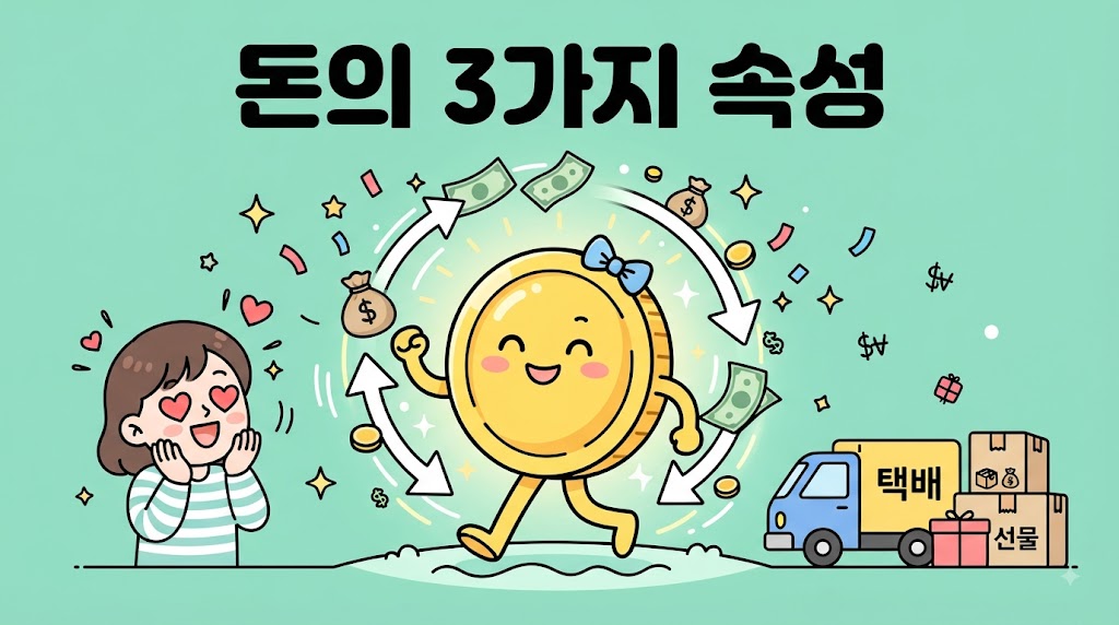 "화살표와 유통 기호가 그려진 배경 속에서 돈의 순환을 의미하는 귀여운 동전 캐릭터와 이를 보고 기뻐하는 사람의 모습을 나타낸 일러스트"