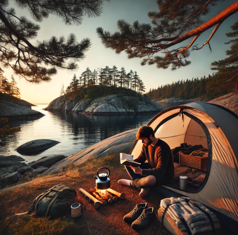 혼자서 여유롭게 섬에서 캠핑하는 모습 사진