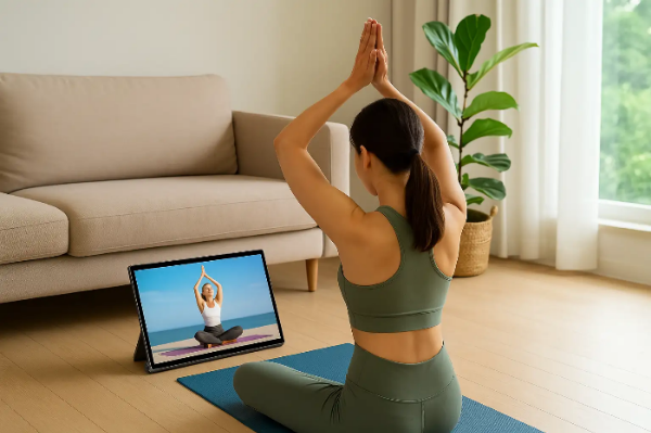 레노버 요가 탭 플러스 AI가 킥스탠드로 세워져 있고, 사용자가 그 앞에서 온라인 요가 강의를 보며 운동하는 모습