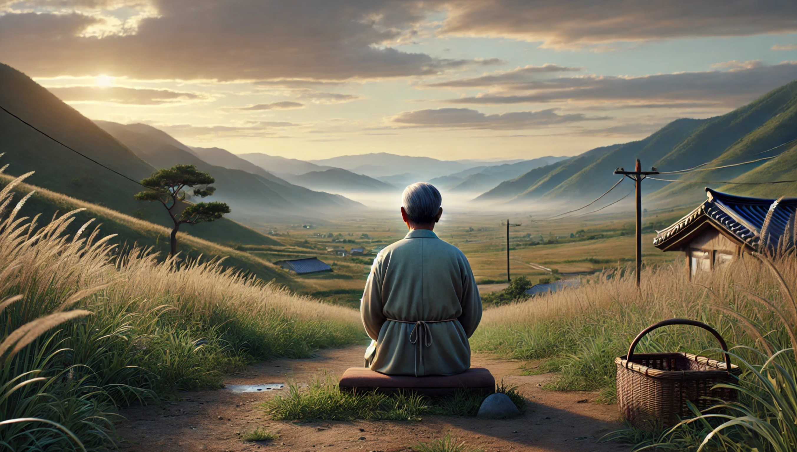 쓸쓸히 앉아 시골풍경을 바라보는 노인