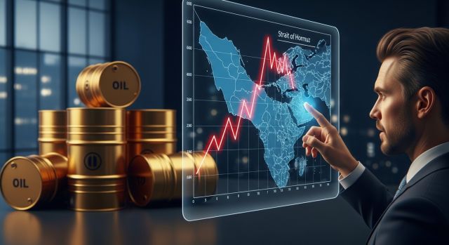 2026년 호르무즈 해협 긴장 상황과 국제 유가 급등을 분석하는 금융 전문가와 차트 배경