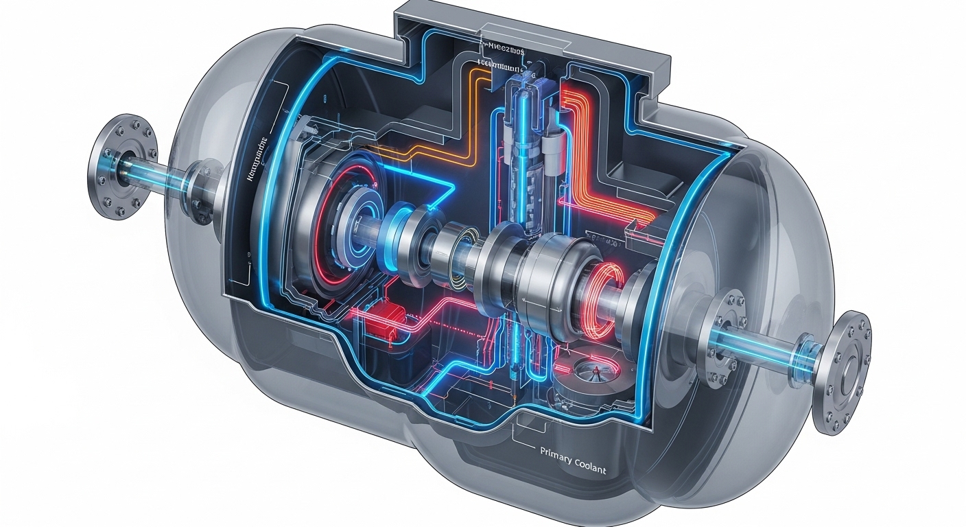 한국형 i-SMR의 통합 모듈형 설계를 보여주는 상세한 내부 구조도. 핵심 부품들이 하나의 용기에 담겨 있어 안전성과 효율성을 높인 모습을 나타냅니다.