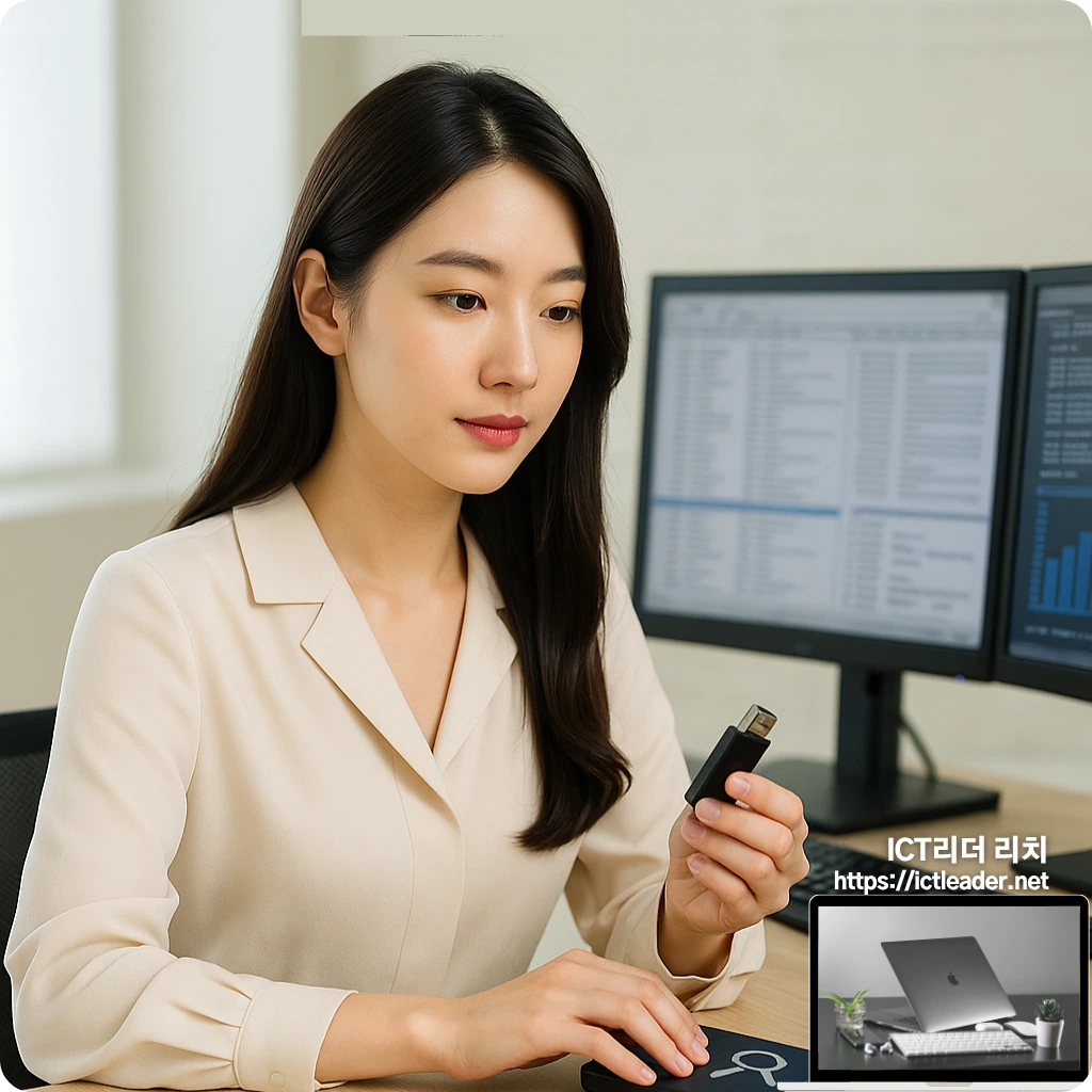 사이버 보안 분석실에서 포렌식 증거 장치를 확인하는 밝고 단정한 20대 여성 전문가의 모습