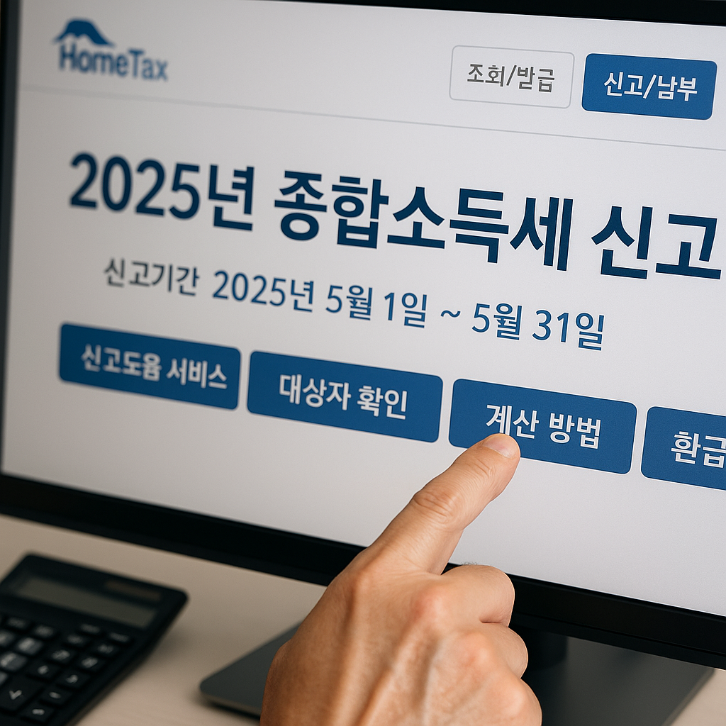 2025년 종합소득세 신고를 위해 홈택스에 로그인하여 소득 종류를 입력하는 화면 예시.