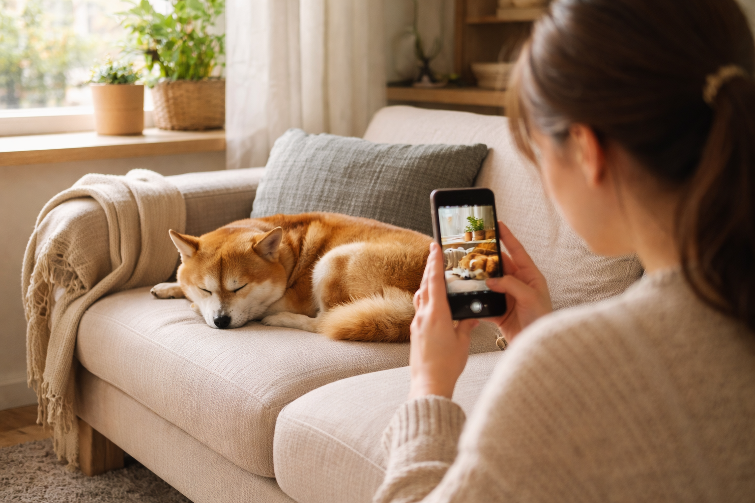 잠자는 강아지 사진을 찍고 있는 이미지